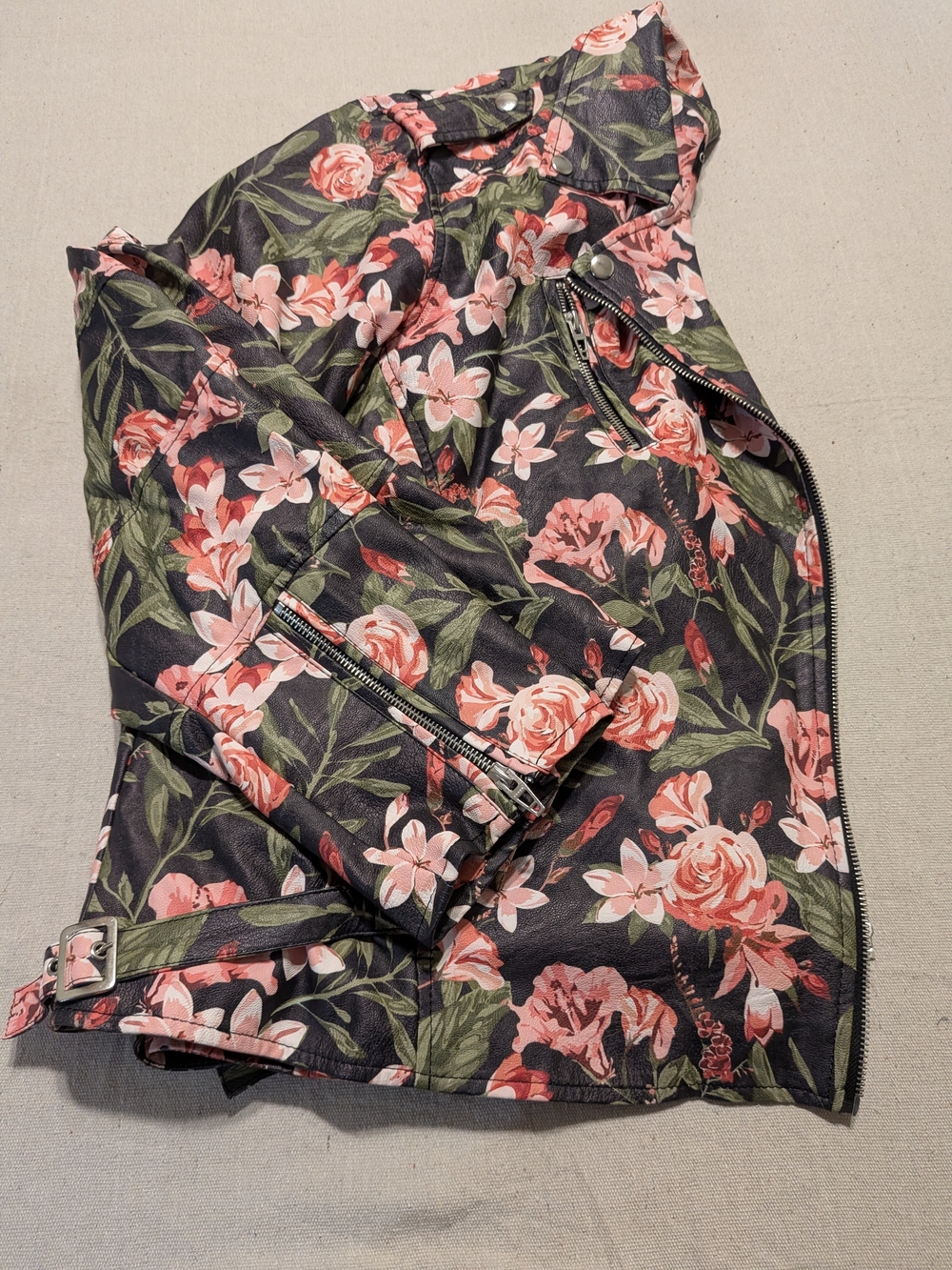 Floral Faux Leather Moto Jacket Pink Rose Edgy Fall - Picture 12 of 14